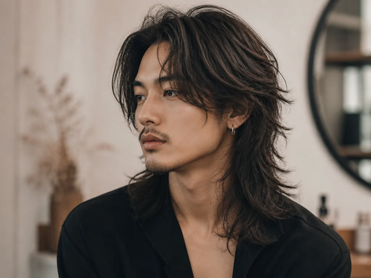 Long textured wolf cut with shoulder-length back and heavily layered crown on a young man with wavy brown hair