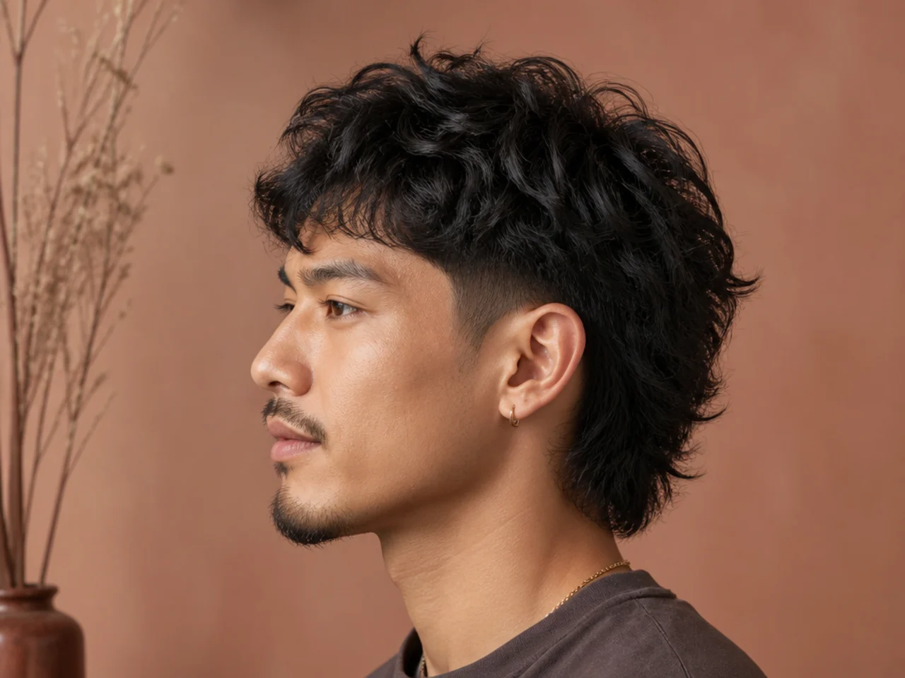 Textured wolf with low taper fade showing tight sides and layered textured top on a young man