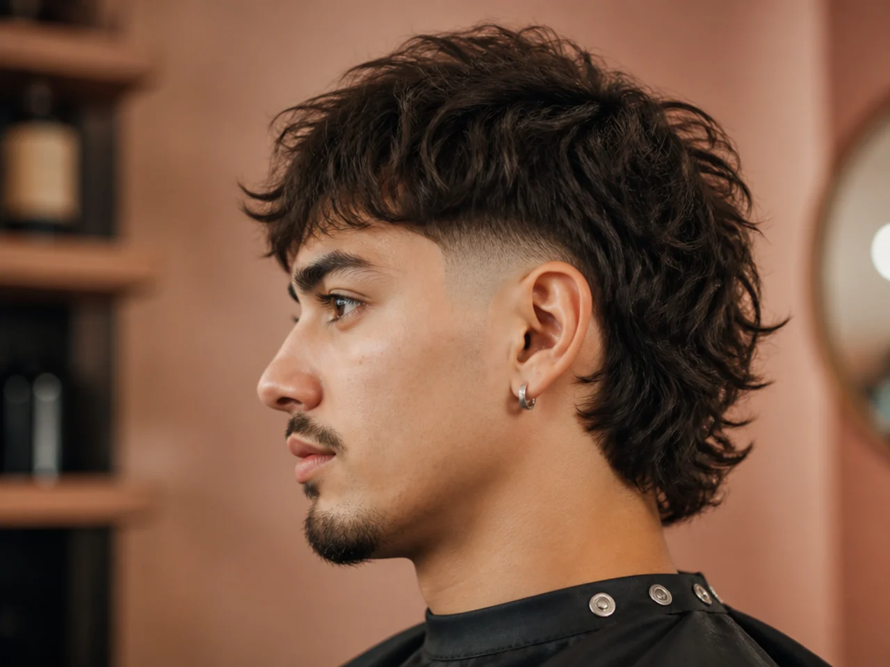 Textured wolf with mid fade blending at the temple with layered textured top and defined line on a young man