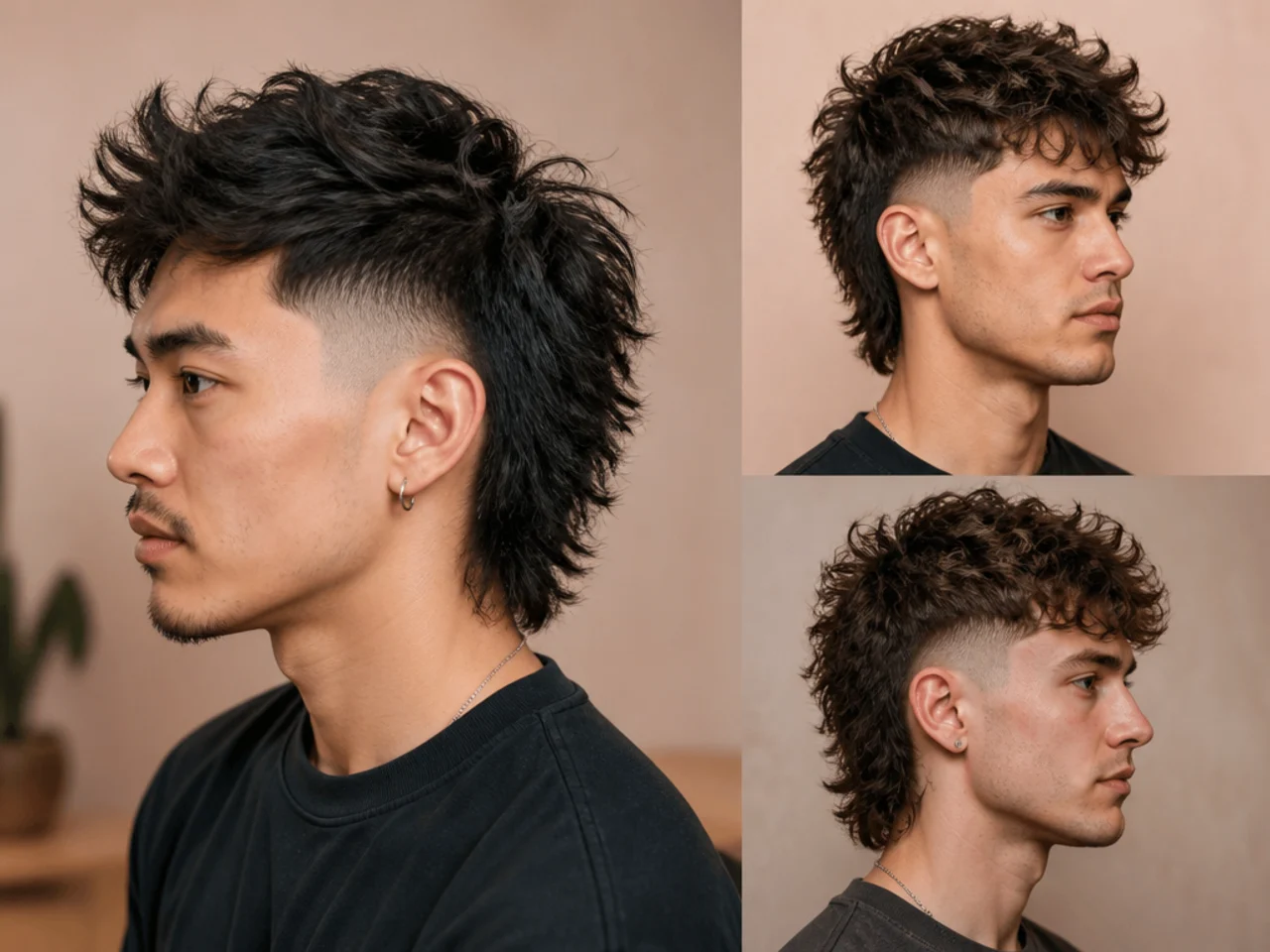 Textured wolf with burst fade curving in an arc around the ear with layered textured top on a young man