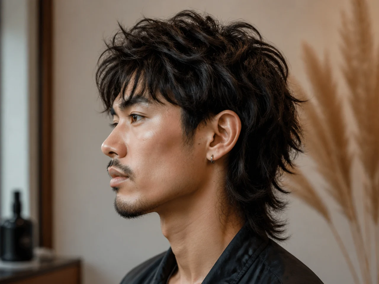 Textured wolf mullet hybrid with dramatic back length concentration and layered textured crown on a young man
