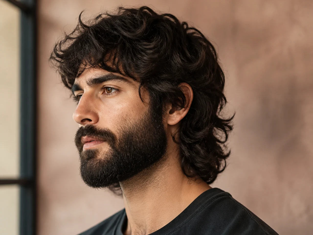 Textured wolf paired with full beard on a man in his late twenties with wavy brown hair and matched-grade facial hair