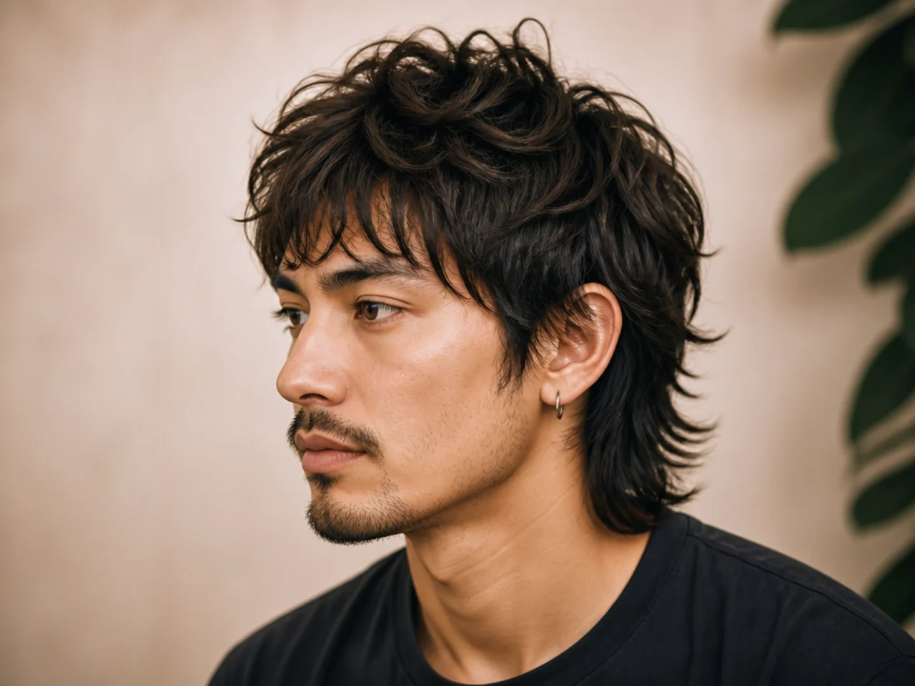 Choppy wolf cut with aggressive scissor chops and bold visible chunks in the layers on a young man