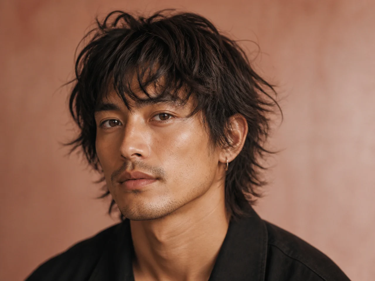 Piecey wolf cut with defined separated sections styled with matte product on a young man with wavy brown hair