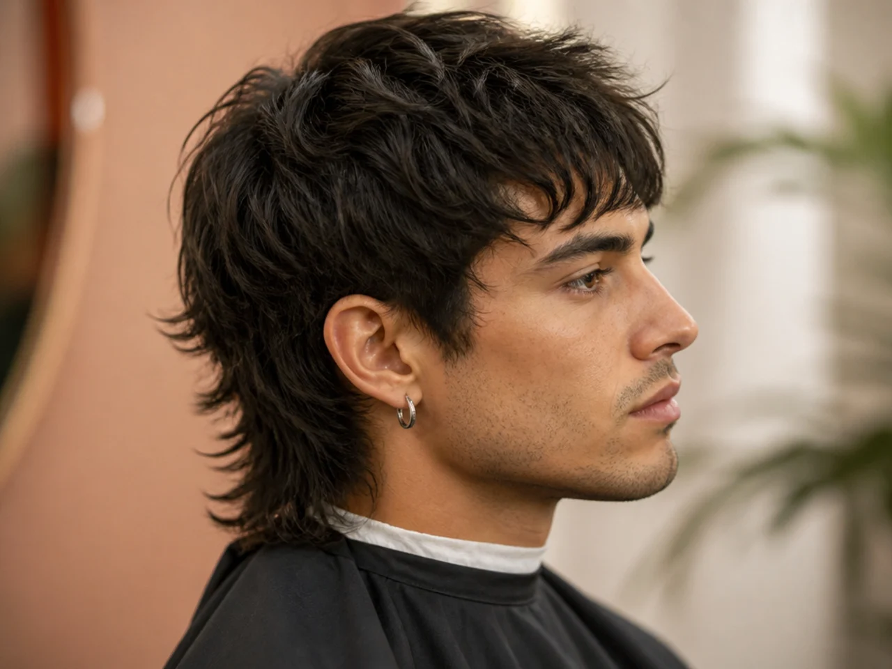 Point-cut wolf cut with clean angled scissor finish and subtle texture on a young man with straight brown hair