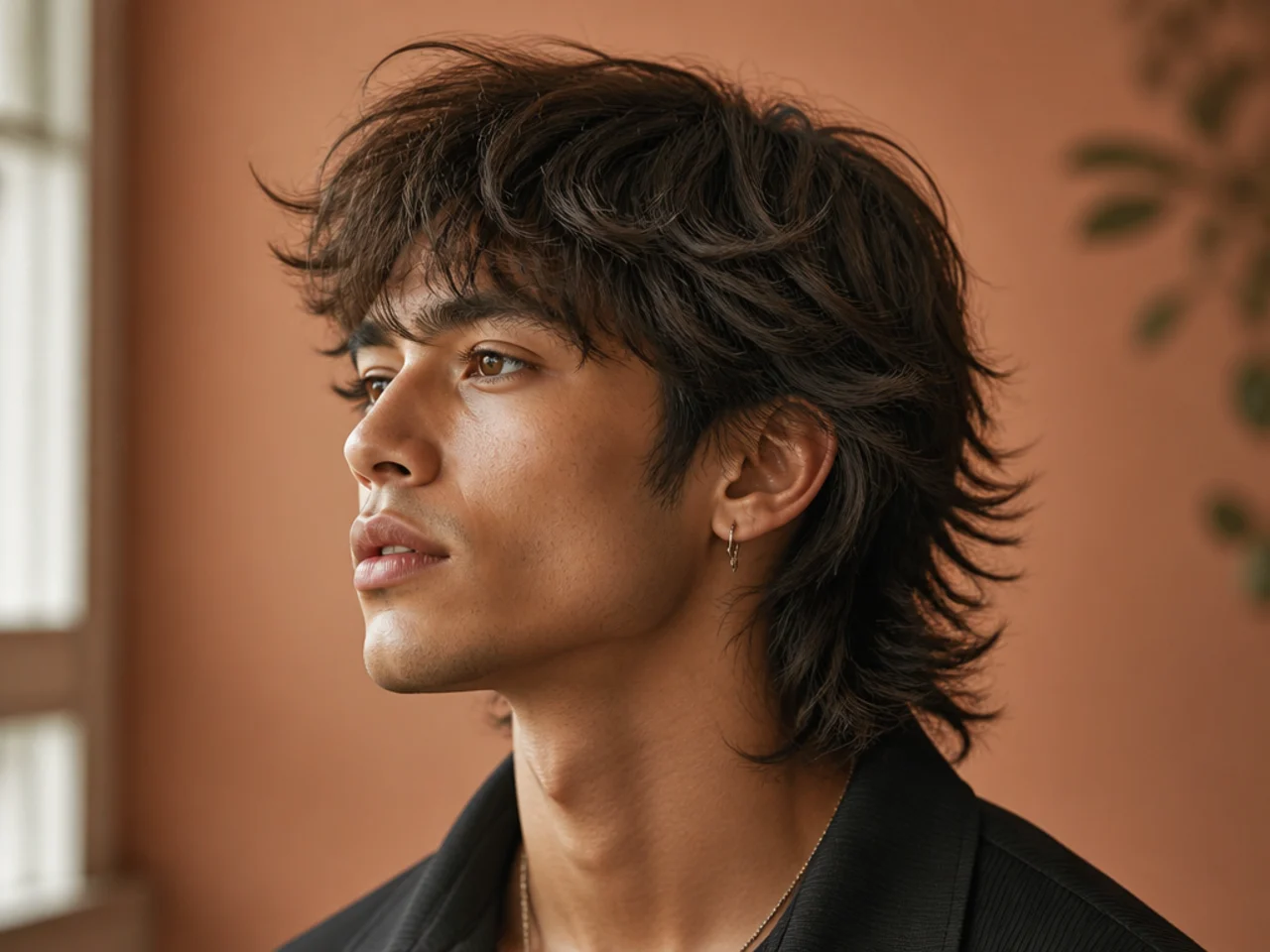 Feathered wolf cut with soft blended layered ends and flowing perimeter on a young man with wavy brown hair