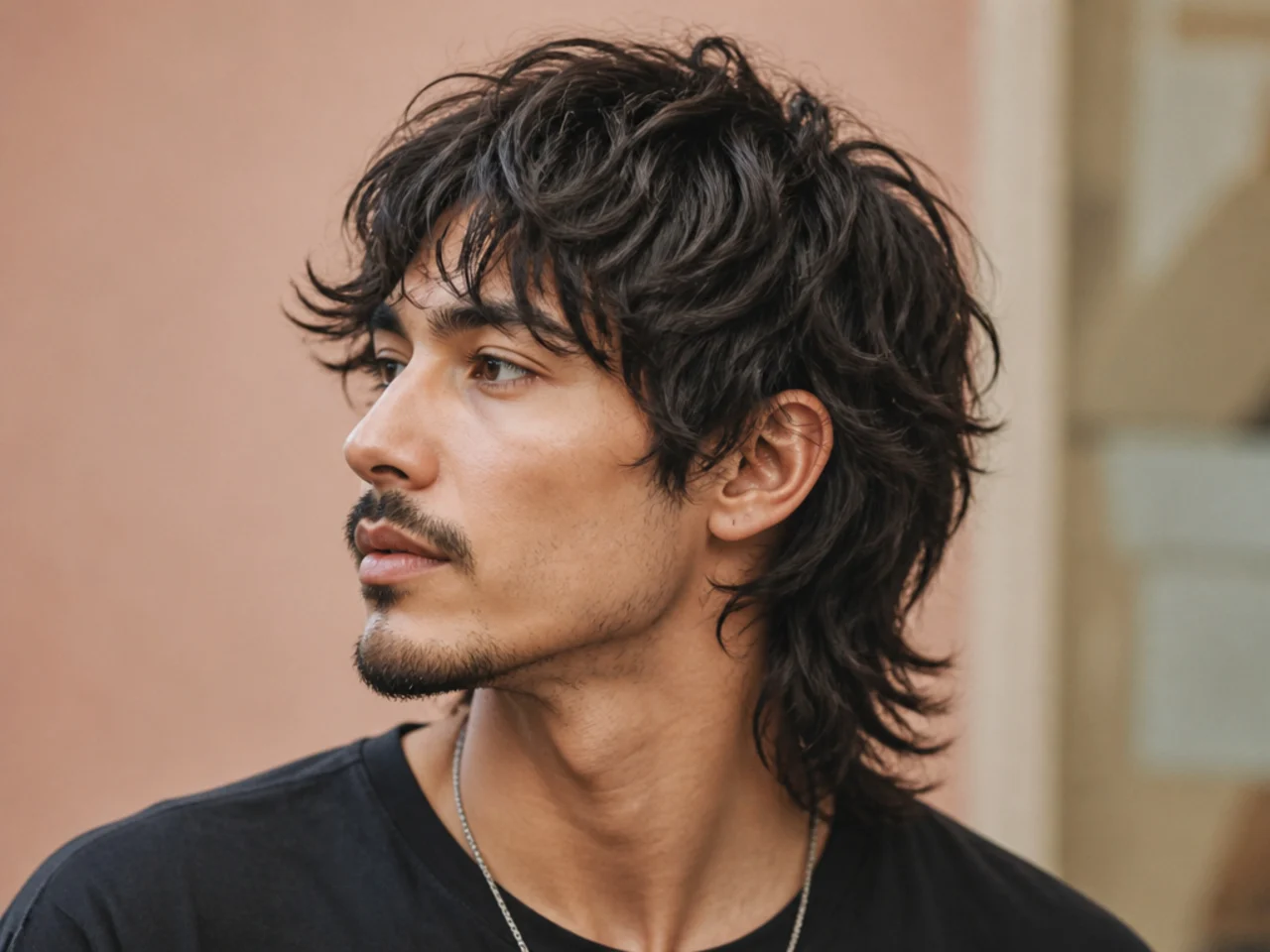 Sliced wolf cut with long angled scissor slices through the length showing directional movement on a young man
