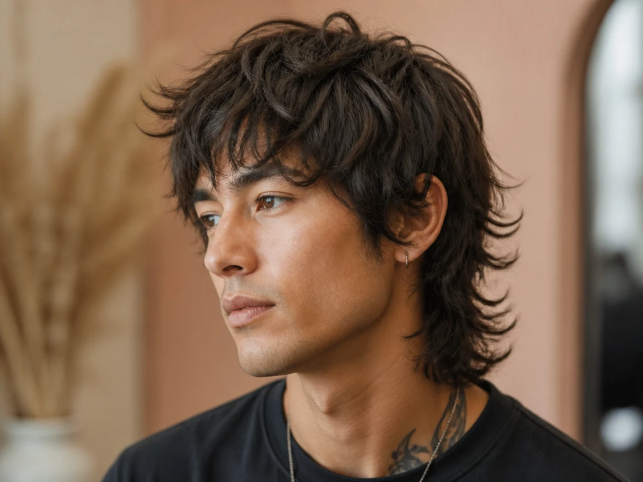 Shag-textured wolf cut with heavy 70s-style shag layering and choppy face-framing on a young man with wavy brown hair