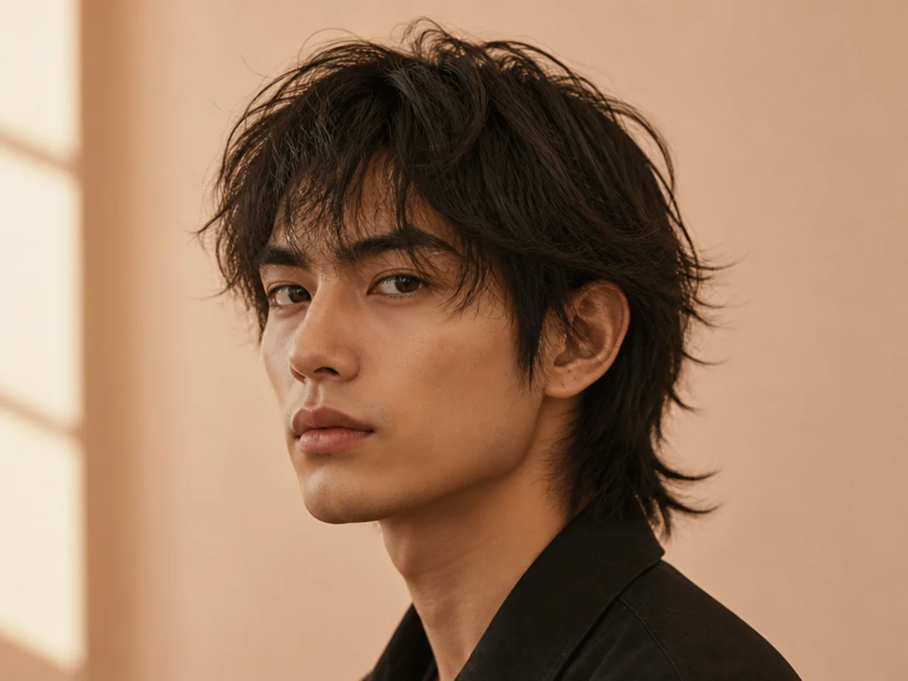 Wispy textured wolf cut with super-fine razored ends and delicate flowing perimeter on a young man with fine hair