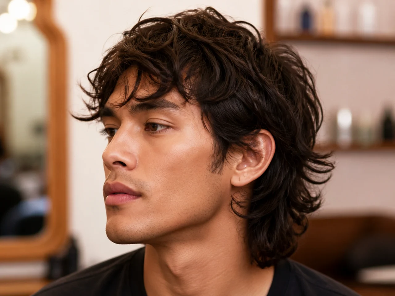 Barber and client discussing textured wolf cut reference photos in a modern barbershop chair