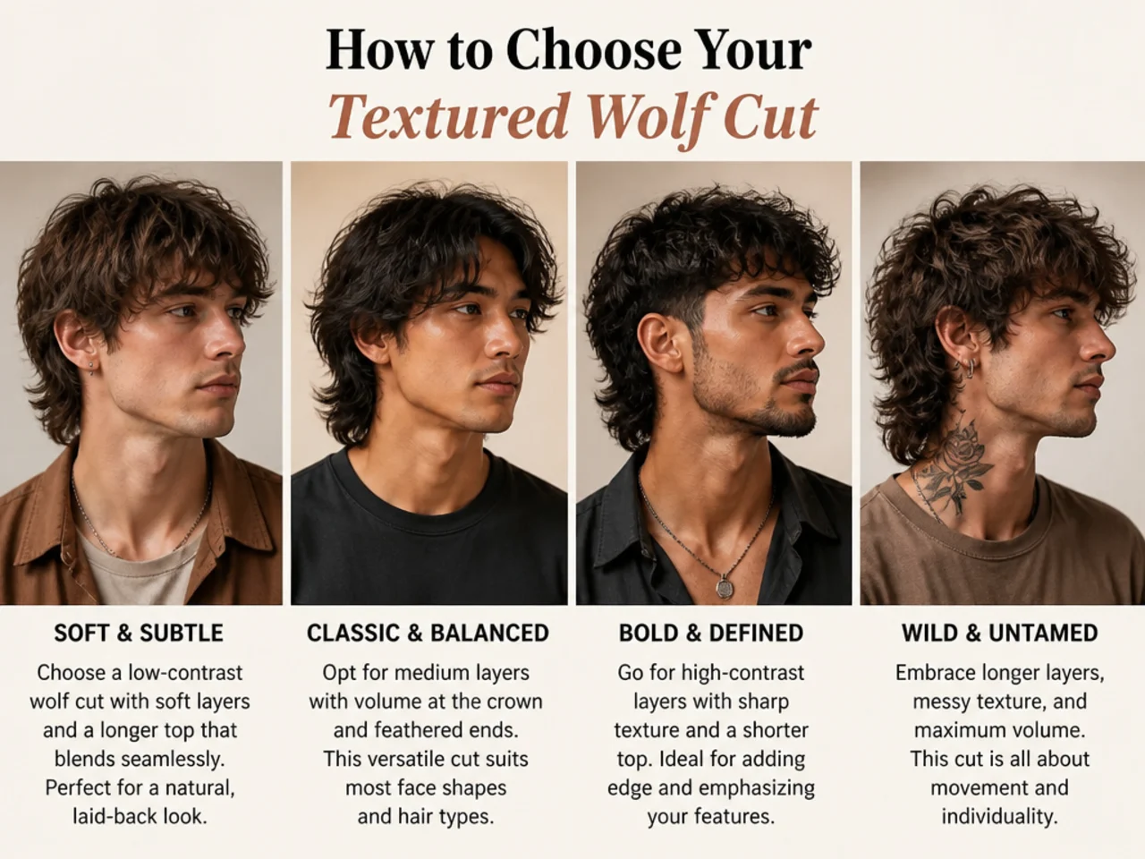 Three men shown side by side with different textured wolf cut finishes from razored to piecey to choppy