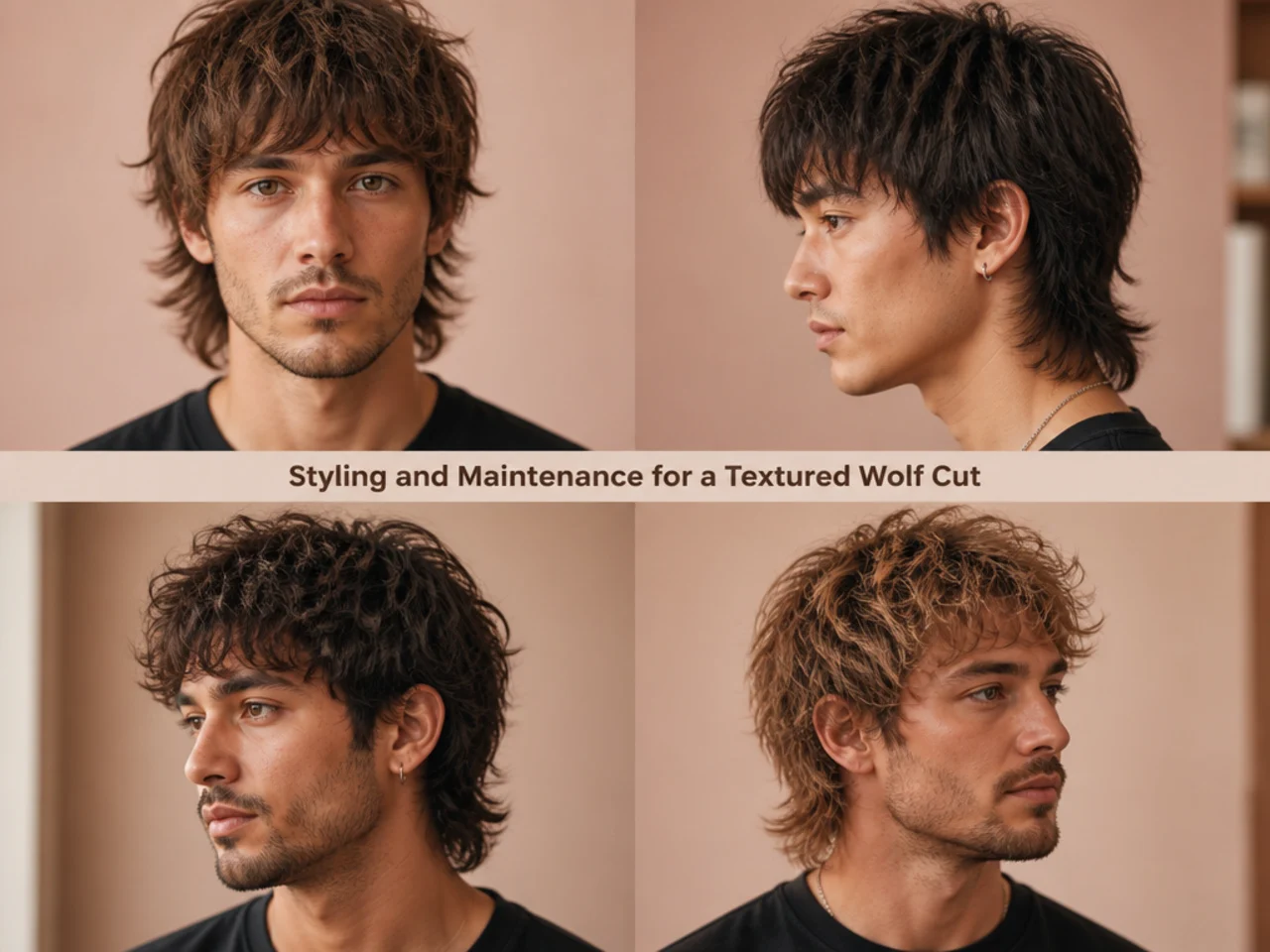 Styling products for a textured wolf cut laid out — matte clay, sea-salt spray, styling paste, and a wide-tooth comb