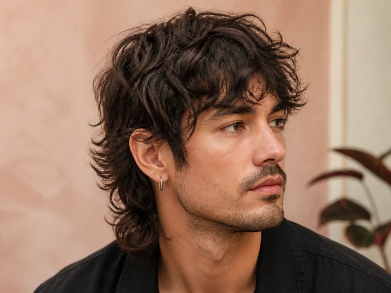 Side-profile of a textured wolf cut showing razored crown layers, piecey face-framing pieces, and feathered nape length