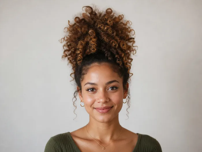 Woman with a pineapple updo, curly hair gathered high on top of the head