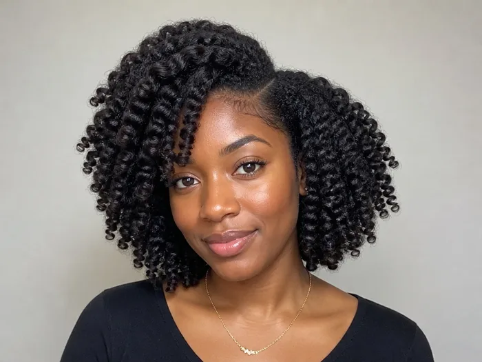 Woman with a twist-out, defined stretched curls with a side part