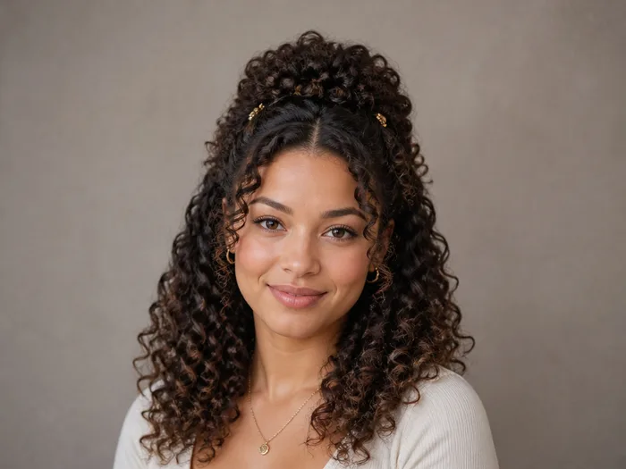 Woman with a half-up curly crown, front curls pinned back with gold pins