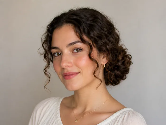 Woman with a low curly chignon, curls gathered into a soft low bun