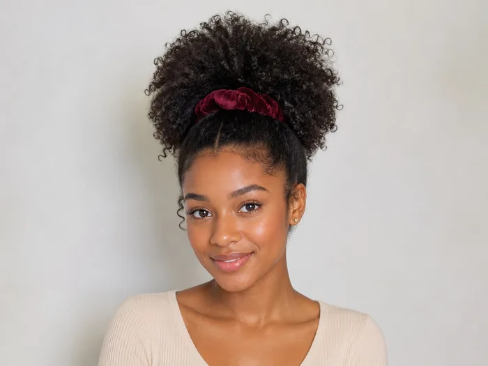 Woman with a curly high puff, curls gathered into a high round puff with a velvet scrunchie