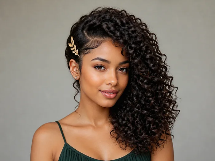Woman with side-swept defined curls, curls swept to one side with a leaf clip