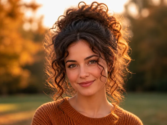 Woman choosing between Thanksgiving hairstyles for curly hair, updo and loose curl options