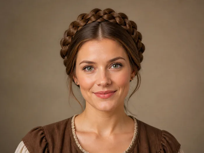 Woman with long hair in Dutch milkmaid braids wrapped over the head for Thanksgiving