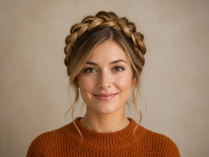Woman with long hair in a braided crown updo wrapped around the head for Thanksgiving