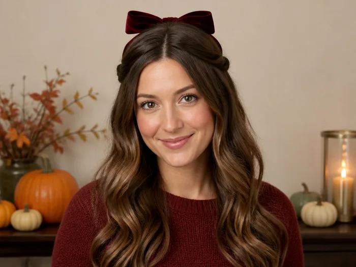 Woman with long hair in a half-up twisted style with a burgundy velvet bow for Thanksgiving