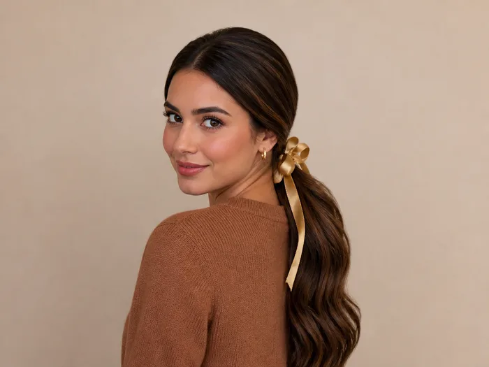 Woman with long hair in a sleek low ponytail tied with a gold ribbon for Thanksgiving