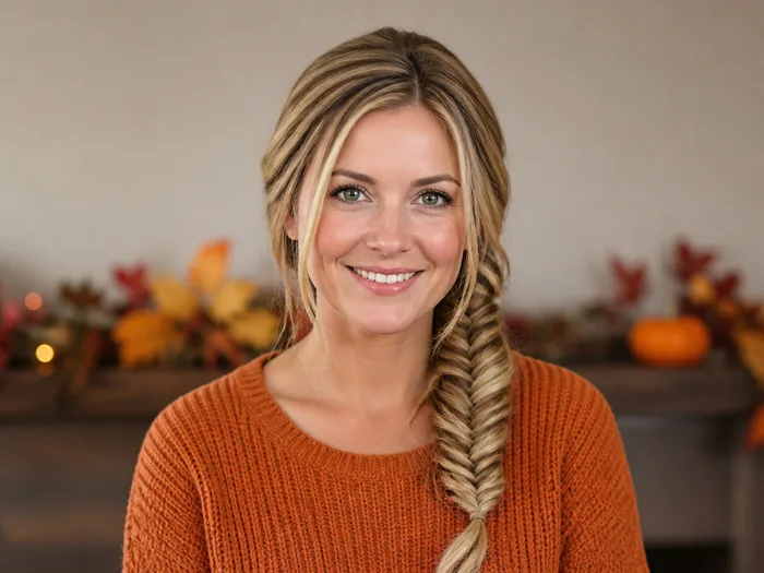 Woman with long hair in a fishtail braid worn over one shoulder for Thanksgiving