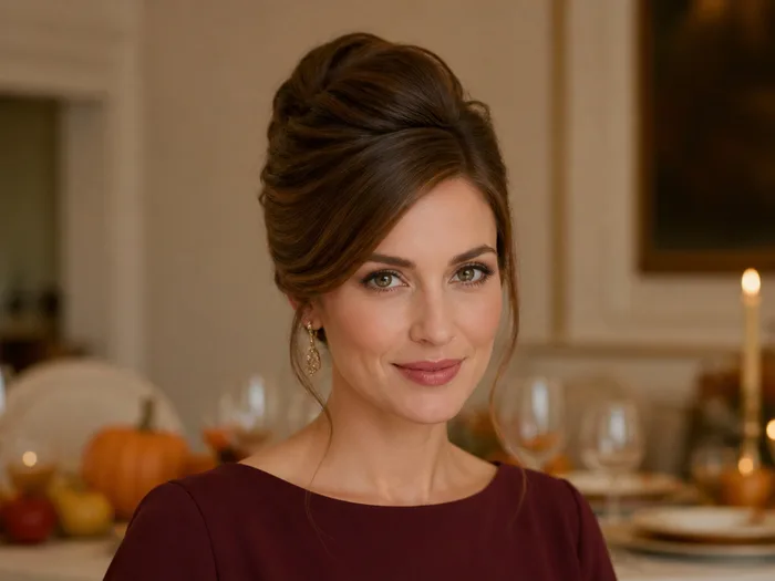 Woman with long hair in a classic French twist updo for an elegant Thanksgiving dinner
