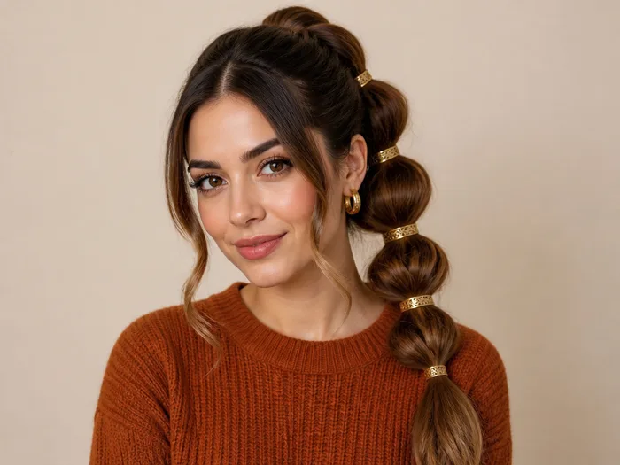 Woman with long hair in a bubble ponytail decorated with small gold cuffs for Thanksgiving