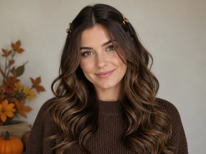 Woman with long hair in loose curls held back with small gold clips for Thanksgiving