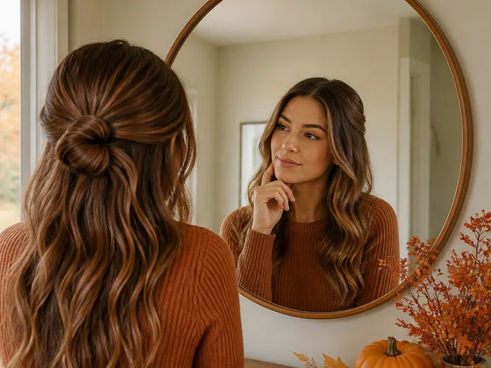 Woman with long hair deciding between Thanksgiving hairstyles in front of a mirror in autumn clothing