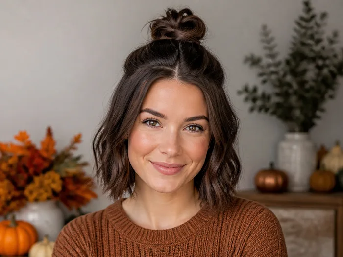 Woman with a half-up mini top knot on lob-length short hair for Thanksgiving