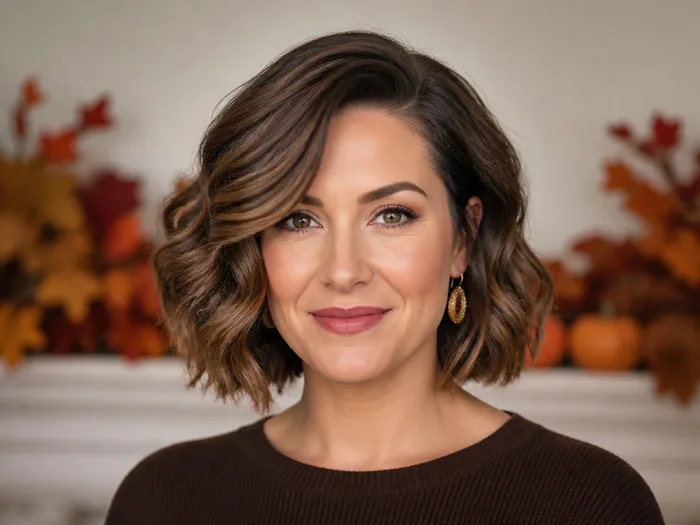 Woman with a soft waved bob and a deep side part for a Thanksgiving dinner look