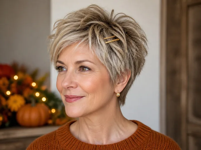 Woman with a textured pixie cut styled with small gold clips for Thanksgiving