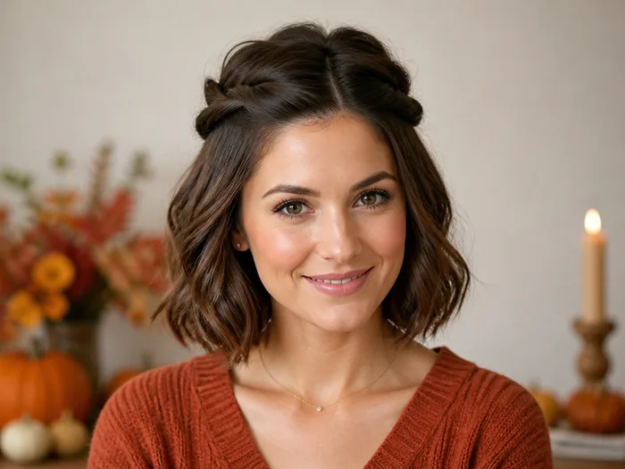 Woman with a mini twisted crown half-up hairstyle on short bob-length hair for Thanksgiving