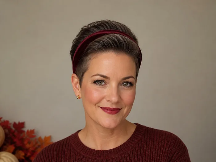 Woman with a slicked-back pixie cut worn with a burgundy velvet headband for Thanksgiving