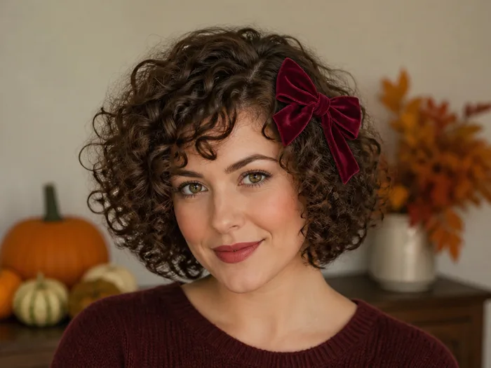 Woman with a curly bob styled with a burgundy velvet bow at the side for Thanksgiving