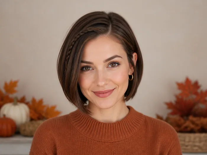 Woman with a short bob featuring a thin accent braid along the side part for Thanksgiving
