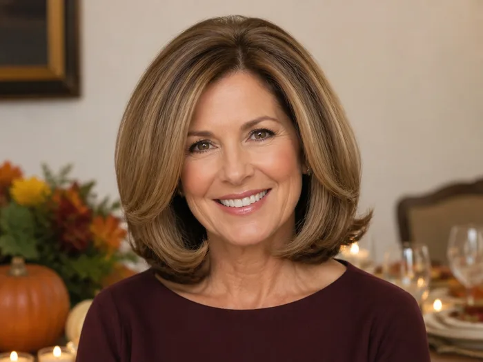 Woman with a voluminous blowout bob with bouncy ends for a Thanksgiving gathering
