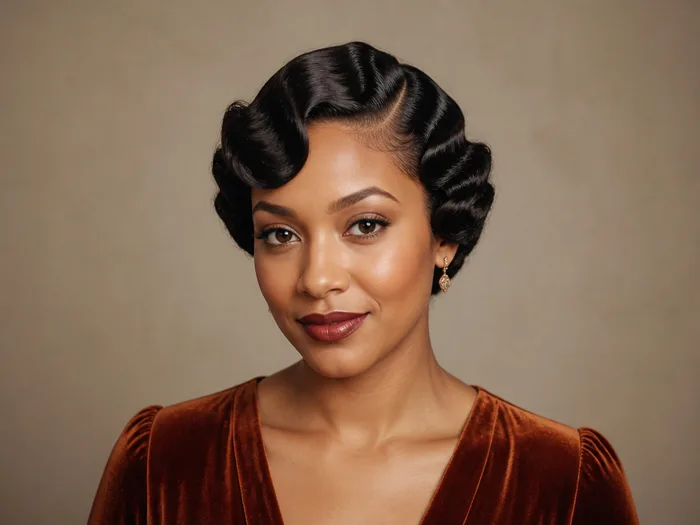 Woman with vintage finger waves on short hair for an elegant Thanksgiving look