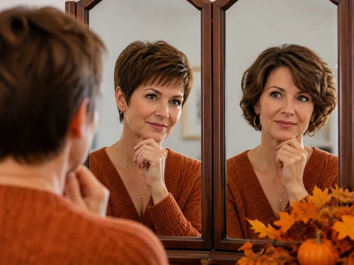 Woman with short hair deciding between Thanksgiving hairstyles in front of a mirror in autumn clothing