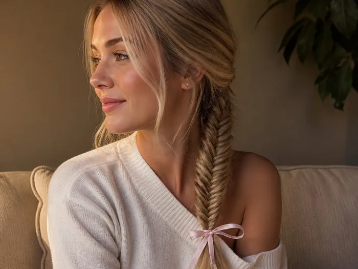 Fishtail side braid Thanksgiving hairstyle with ribbon woven in