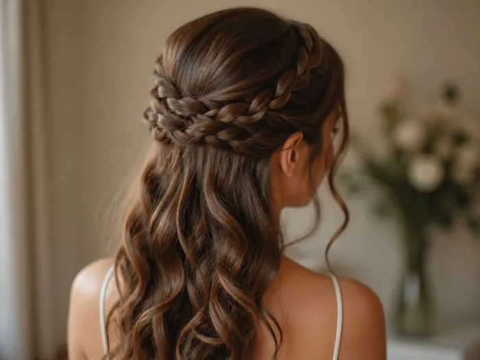 Half-up braided crown Thanksgiving hairstyle with loose waves