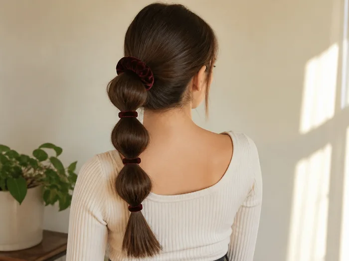Bubble ponytail Thanksgiving hairstyle with velvet scrunchie