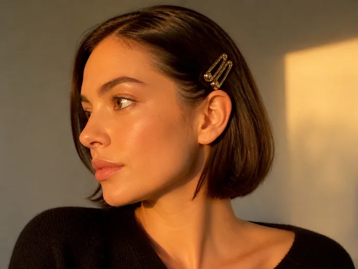 Tucked short bob Thanksgiving hairstyle with gold clips