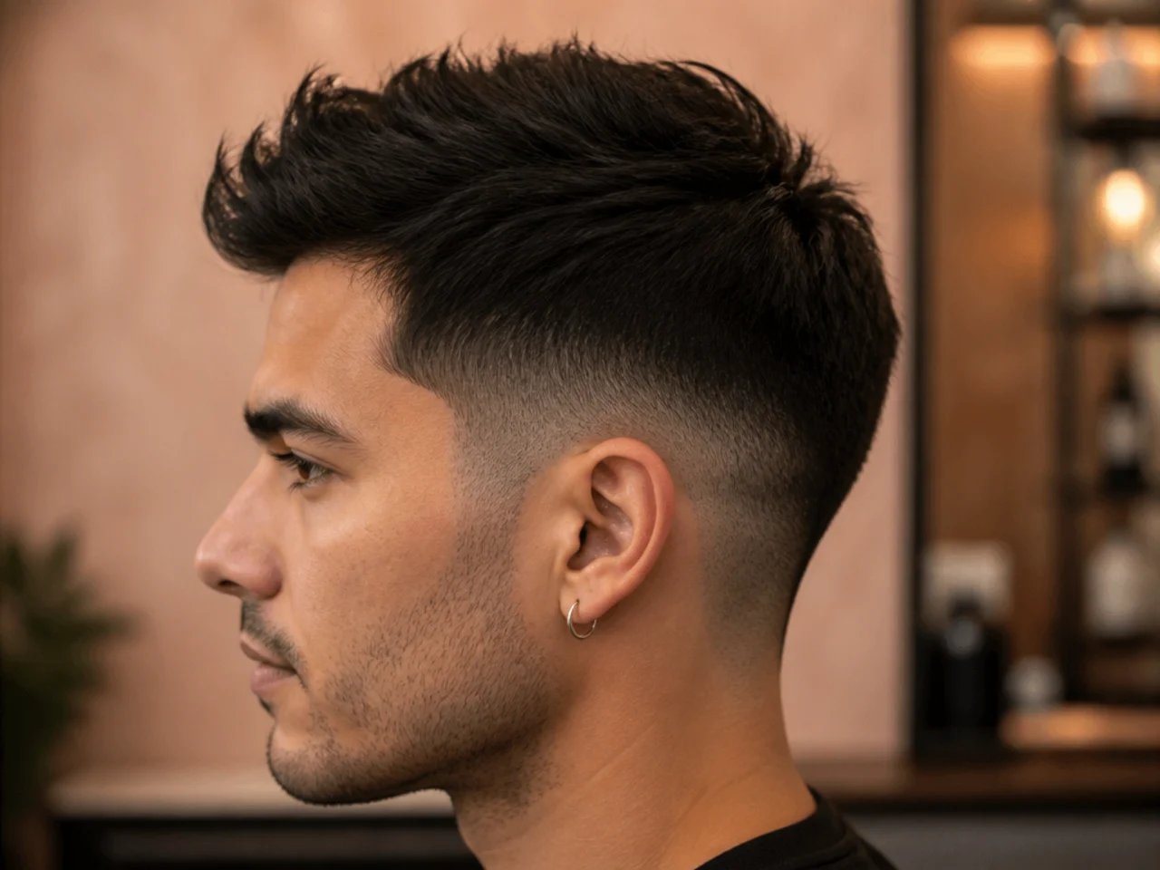 A side profile photograph of a short thick haircut