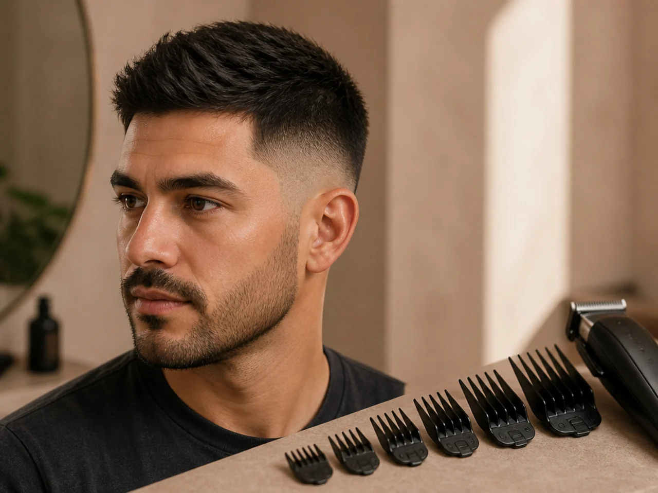 Clipper guards laid out next to a thick haircut