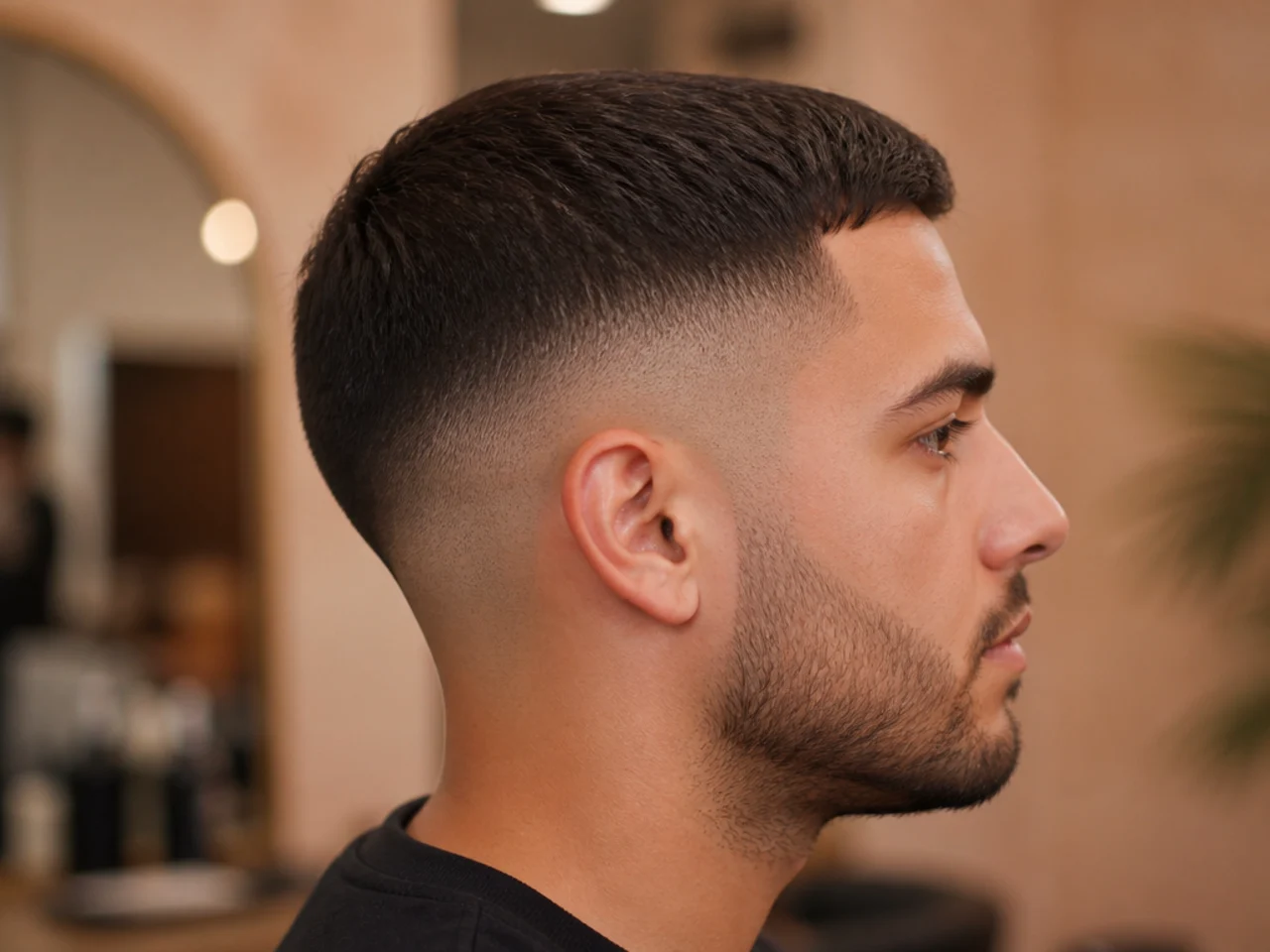 A closed helmet outline on short thick hair